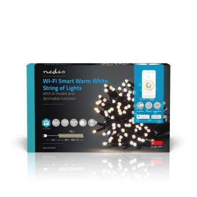 Caixa de luzes de corda LED Nedis Wi-Fi Smart Warm White com 100 lâmpadas, 10 m, 8 modos e função dimmer