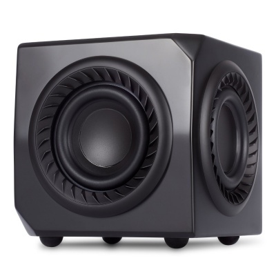 Subwoofer preto cúbico com superfícies lisas e discos em relevo