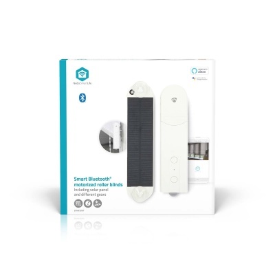 Caixa branca com estores motorizados Smart Bluetooth e painel solar para controlo remoto
