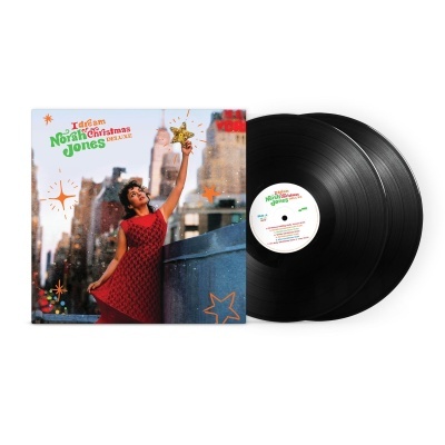 Vinil preto com capa de álbum 'Idina Menzel Christmas' e mulher com vestido vermelho