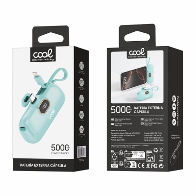 Embalagem preta e branca com bateria externa cápsula azul claro de 5000 mAh da marca Cool
