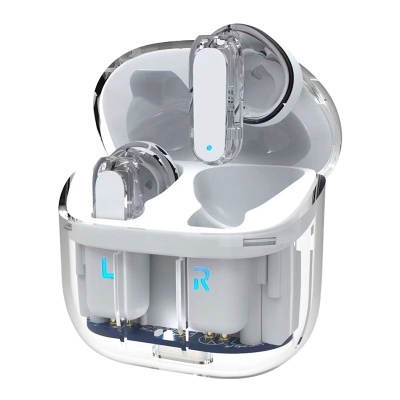 Auscultadores sem fios transparentes com estojo branco translúcido