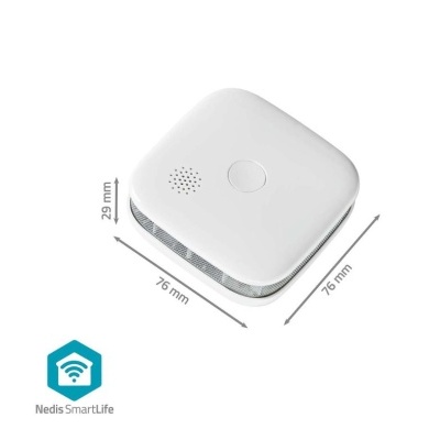Sensor branco quadrado com botão redondo e orifício para som, com dimensões indicadas