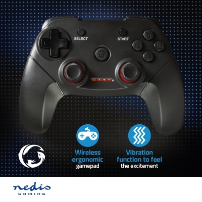 Comando de videojogo wireless preto com botões e sticks analógicos vermelhos, com texto e logo Nedis Gaming