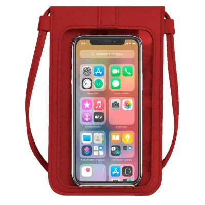 Bolsa vermelha com visor transparente para telemóvel