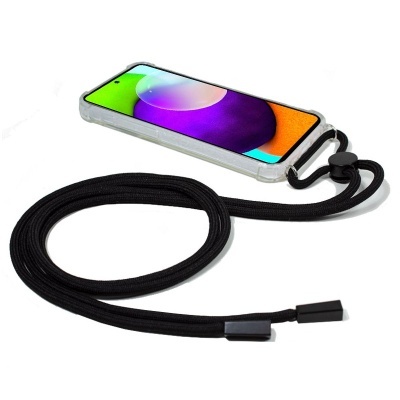 Telemóvel com capa transparente e corda preta ajustável