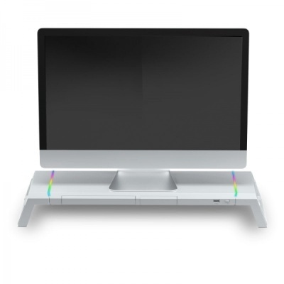 Suporte de monitor branco com iluminação led colorida e monitor preto e cinza