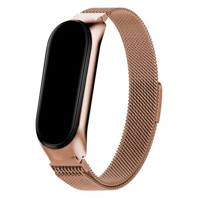 Relógio inteligente com ecrã preto e bracelete metálica rosa