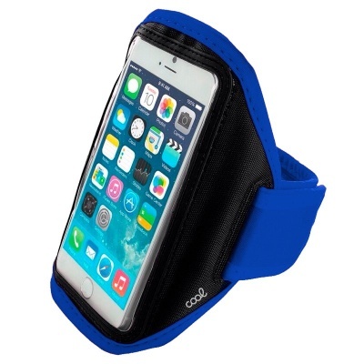 Braçadeira de suporte para smartphone em preto e azul com visor translúcido
