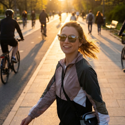 Mulher com casaco desportivo e óculos de sol numa rua ao entardecer