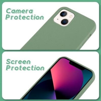 Telemóvel com capa verde mostrando proteção da câmara e do ecrã com texto explicativo.