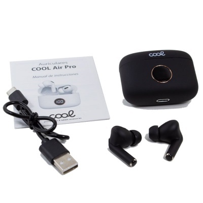 Conjunto de auscultadores sem fios COOL Air Pro pretos com estojo, cabo USB e manual