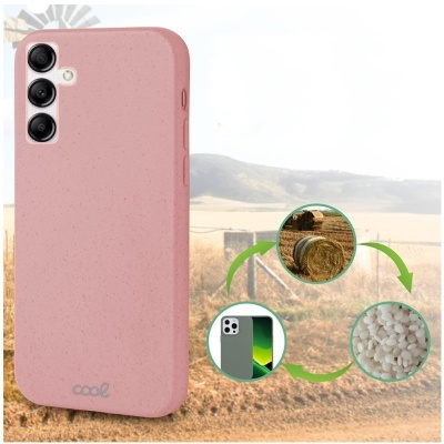 Capa rosa para smartphone com textura lisa e design ecológico em fundo de campo rural