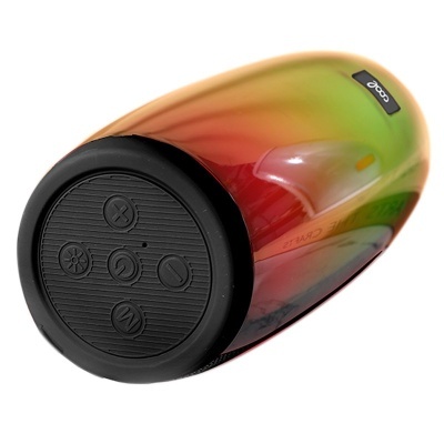 Coluna portátil metálica em degradê verde, amarelo e vermelho com base preta e botões