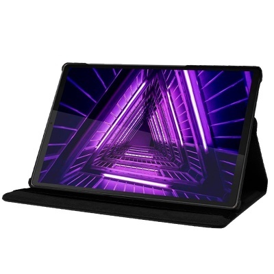 Tablet com capa preta e ecrã com padrão triangular roxo