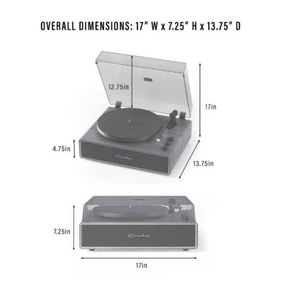 Gira-discos Crosley preto com tampa transparente e dimensões em polegadas