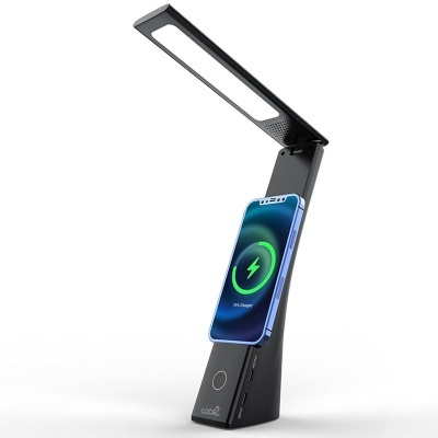 Candeeiro de secretária LED preto com suporte e carregador de telemóvel azul