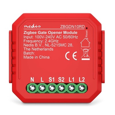 Módulo de abertura de portão Zigbee vermelho com conectores e texto branco