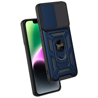 Capa de telemóvel azul escuro robusta com suporte circular 'cool' e smartphone com ecrã colorido