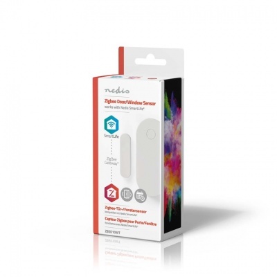 Embalagem do sensor de porta/janela Zigbee Nedis com texto e cores branco e vermelho