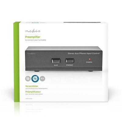 Caixa de pré-amplificador Nedis preto com botões AUX e PHONO