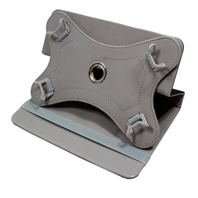 Capa cinzenta com suporte e ganchos para tablet