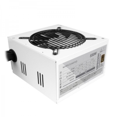 Fonte de alimentação branca MARS GAMING 550W com ventilador e etiqueta técnica