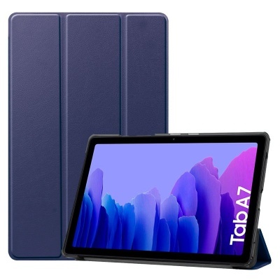 Tablet Samsung Galaxy Tab A7 com capa azul e ecrã ligado