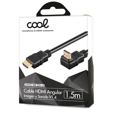 Embalagem de cabo HDMI angular preto de 1,5 metros com especificações técnicas