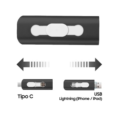 Adaptador USB preto com seletor branco, conectores Tipo C e Lightning frente e verso