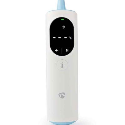 Termómetro digital branco com visor e botão, fundo branco