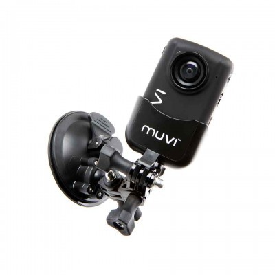 Câmara de ação preta MUVI montada num suporte de ventosa