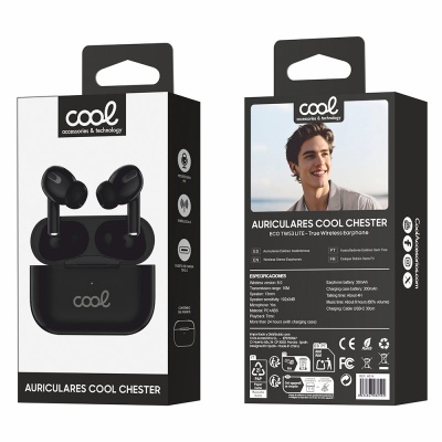 Embalaem de auriculares sem fios negros COOL CHESTER com estojo e descrição técnica.