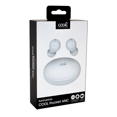 Caixa de auriculares COOL Pocket ANC com imagem dos auriculares e estojo