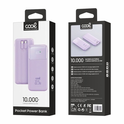 Power bank lilás de 10.000 mAh com cabo, numa caixa preta e branca