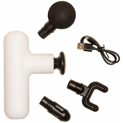 Dispositivo de massagem branco com cabeças pretas e cabo USB