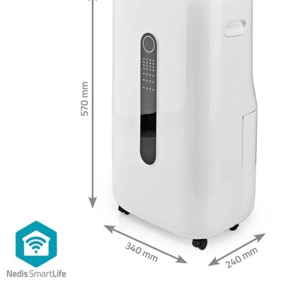 Desumidificador branco com painel preto e rodas, com dimensões indicadas em mm