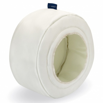 Porta ninho branco para animais de estimação em tecido com abertura circular acolchoada