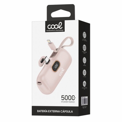 Bateria externa cápsula rosa claro 5000 mAh com cabo e mostrador digital na embalagem