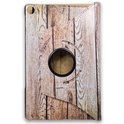 Capa para tablet com padrão de madeira clara e recortes circulares