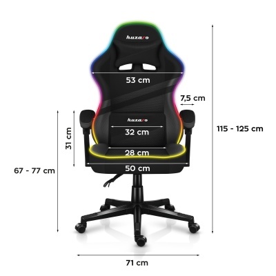 Cadeira gaming preta com iluminação RGB e várias medidas indicadas.