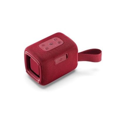 Coluna portátil vermelha com textura e botões de controlo.