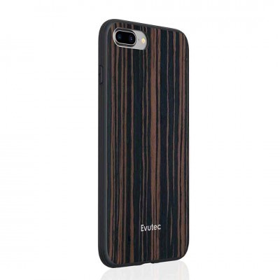 Capa protetora para smartphone textura madeira castanha e preta com texto Evutec