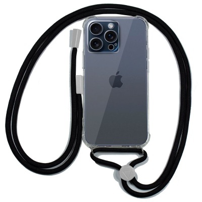 Smartphone Apple com capa transparente e cordão ajustável preto