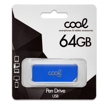 Pen drive USB azul da marca Cool com 64GB na embalagem branca e preta