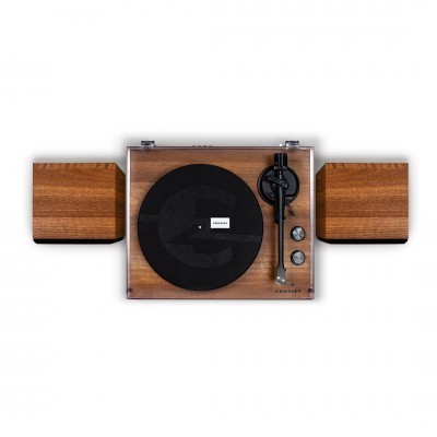 Gira-discos com acabamento em madeira e duas colunas compactas também em madeira