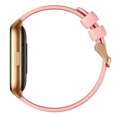 Relógio inteligente dourado com pulseira rosa em fundo branco