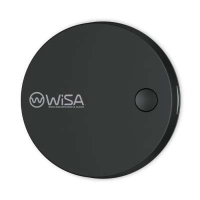 Dispositivo preto redondo com texto WiSA Wireless Speaker & Audio