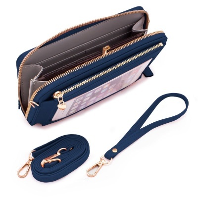 Carteira azul marinho com fecho dourado e alças destacáveis