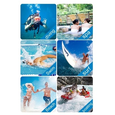 Colagem de imagens mostrando mergulho, spa, natação, surf, praia e canoagem.